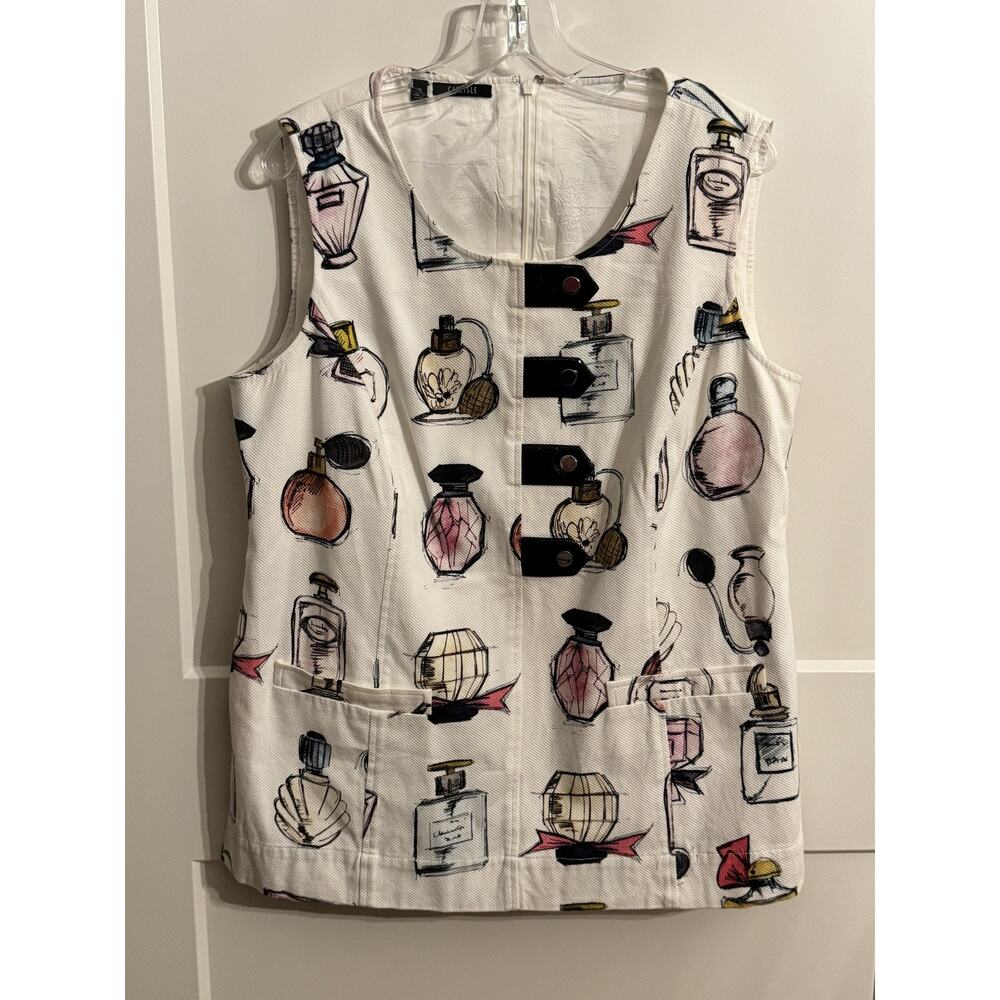 Carlisle Tunic Top 16 White Perfume Bottle Print Pockets Lined Novelty Paris Art